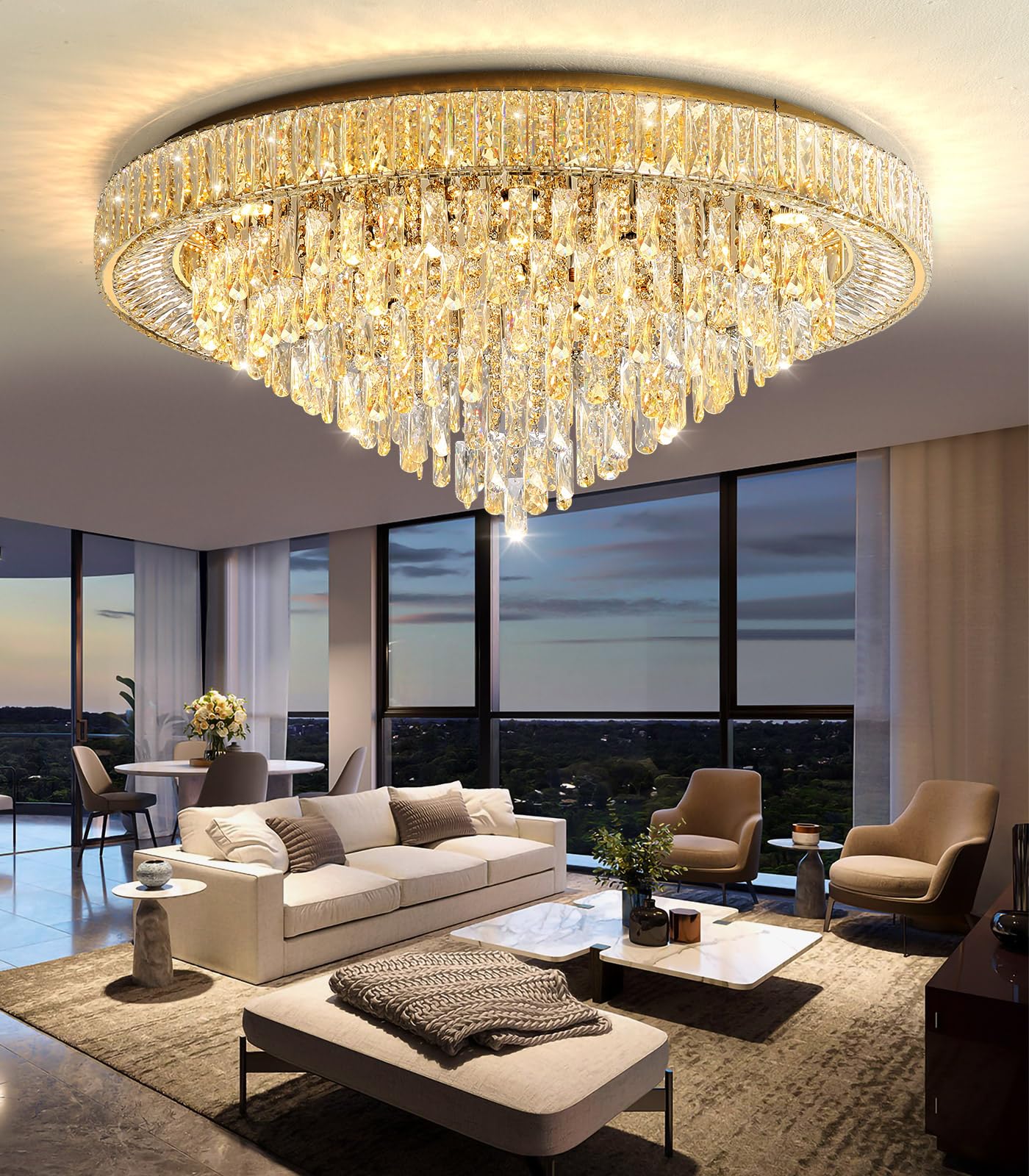 Photo 1 of dolria Modern Crystal Large Chandeliers LED Dimmable Flush Mount Ceiling Chandeliers for Living Room High Ceiling Entrance Foyer Bedroom