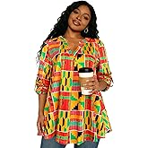 Sinono Women's Roll Up Long Sleeve V Neck Tops African Dashiki Print Dressy Casual Work Blouses