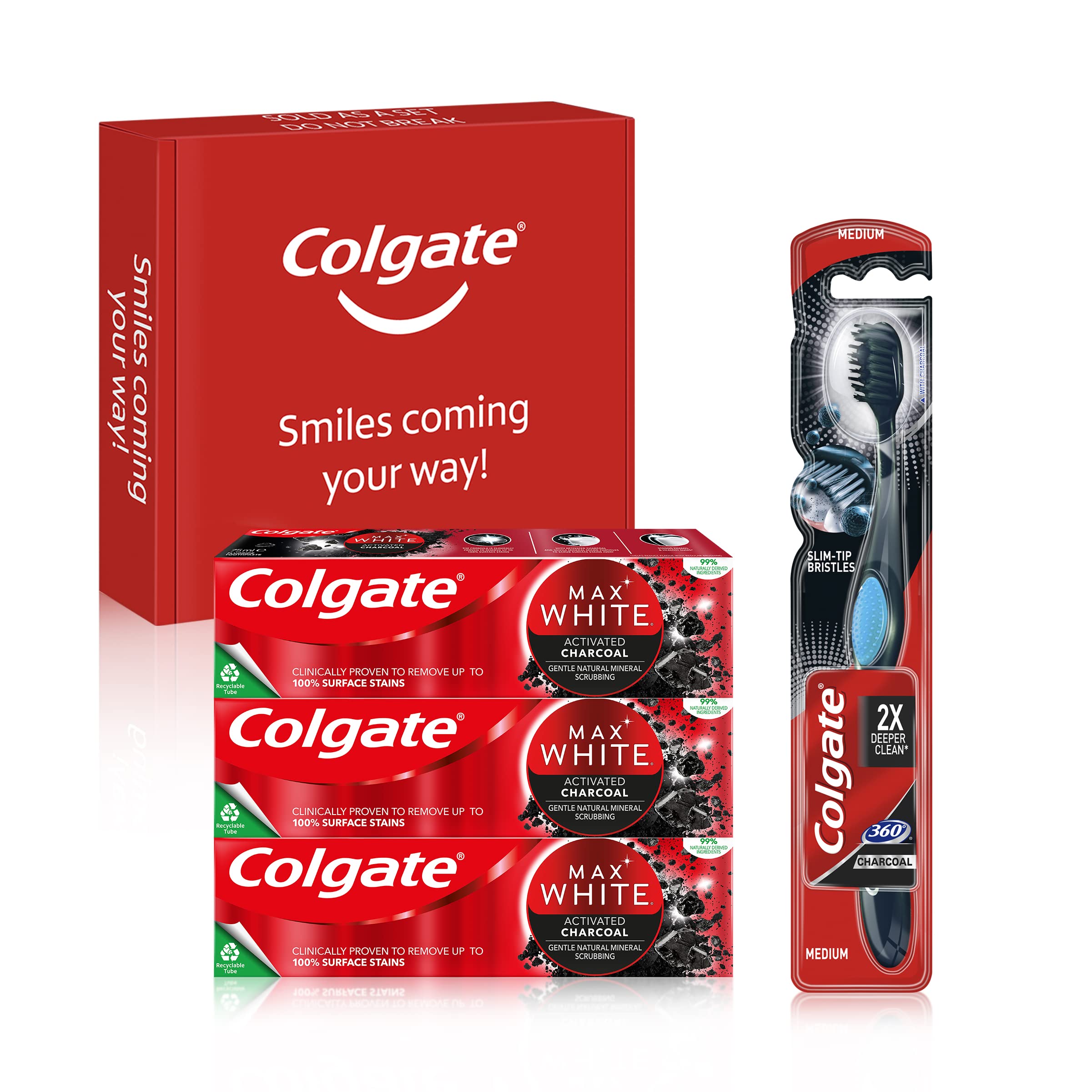 Colgate Max White Charcoal Teeth Whitening and Deep Clean Toothpaste & Toothbrush Bundle Kit, 3x75ml Toothpaste Multipack & 1 Pack Toothbrush