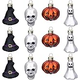 Watayo 12 PCS Halloween Glass Ornaments, Halloween Decorations Glass Blown Ornaments with Pumpkin Ghost Skull Witch Hat for Haunted House Party Christmas Tree Home Decoration