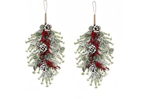 Gudegou 2PCS 21" Christmas Swags Teardrop, Faux Snowy Pine Swag with Red Berry and Pinecone for Door Window Firplace Staircase Decorations