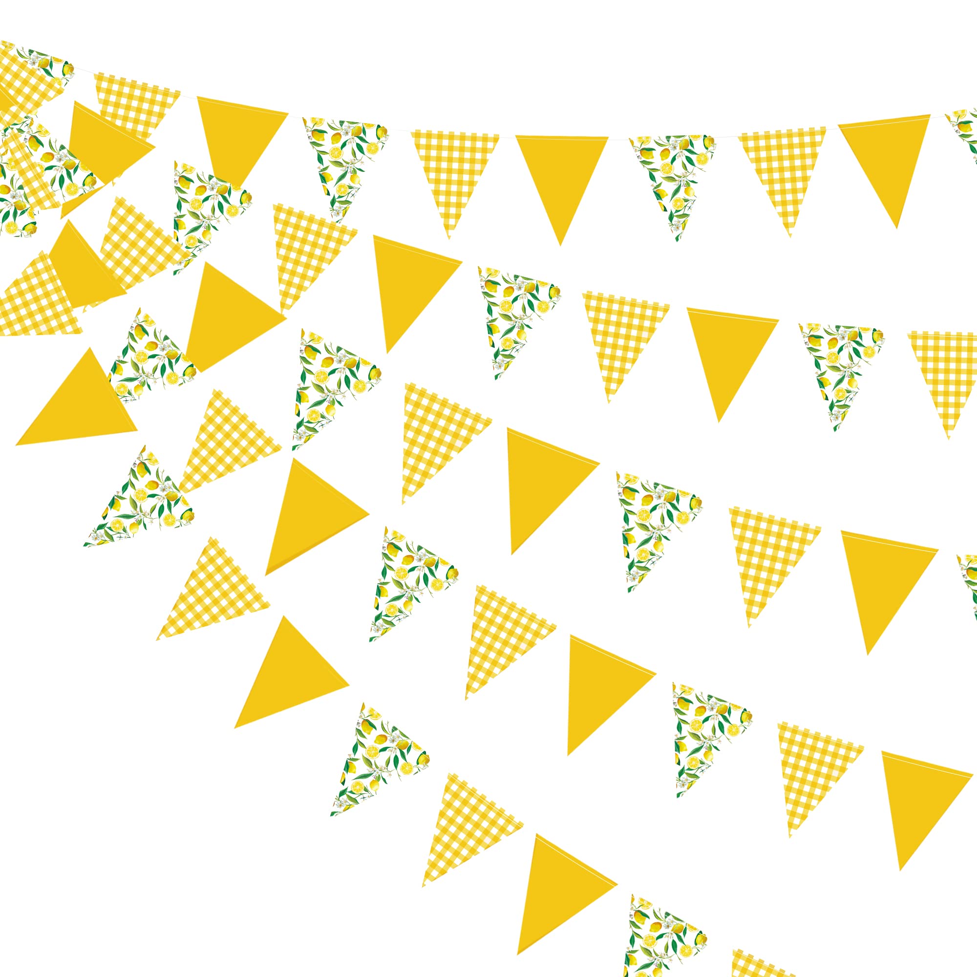 44Ft Lemon Bunting Banner Party Decorations Yellow White Plaid Floral Paper Triangle Flag Pennant for Lemon Theme Birthday Wedding Bridal Baby Shower Engagement Anniversary Home Kids Room Nursery