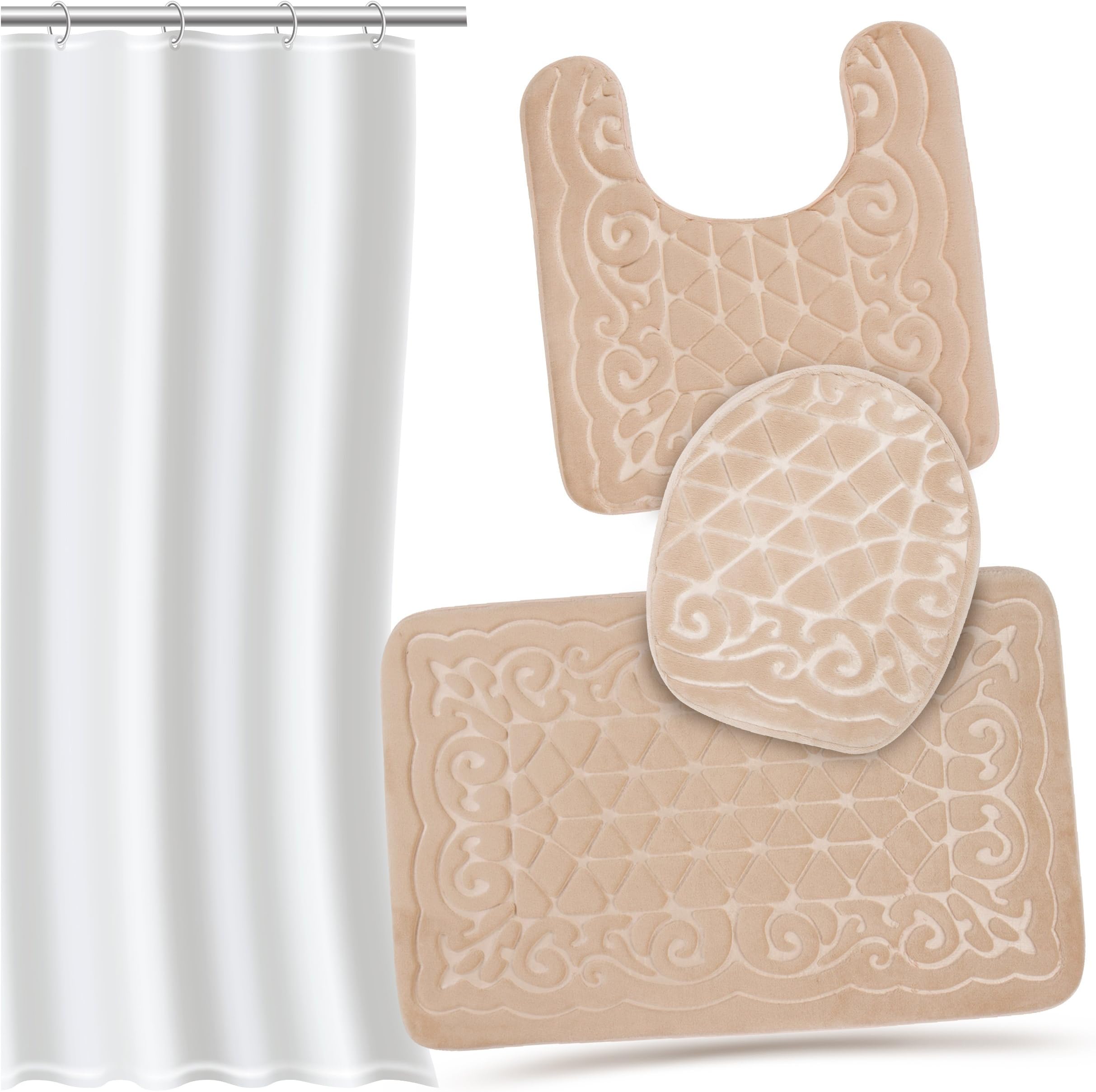 Effiliv 3 Piece Bathroom Rugs Set - Memory Foam Bath Mats, Extra Soft + Shower Liner, Beige