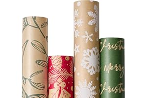 YANGTE Vintage Recyclable Christmas Wrapping Paper Rolls, Brown Kraft Wrapping Paper with Red and Green Pattern, Holiday Gift Wrapping Paper Christmas Rolls, 17x120 inch, 4 Rolls