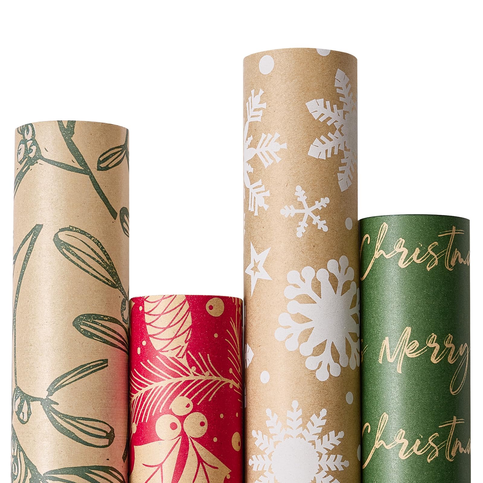 YANGTE Vintage Recyclable Christmas Wrapping Paper Rolls, Brown Kraft Wrapping Paper with Red and Green Pattern, Holiday Gift Wrapping Paper Christmas Rolls, 17x120 inch, 4 Rolls