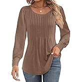 Ficerd Women's Puff Long Sleeve Tunic Tops Pleated Crew Neck Blouses Dressy Casual Loose Fit Fall and Winter Shirts