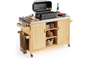 YITAHOME XL Solid Wood Outdoor Table and Storage Cabinet, 59.64’’L x 23.62’’W Movable Grill Table with Stainless Steel Top, Side Handle, Spice Rack for Outside, Patio Bar, Outdoor Kitchen Island