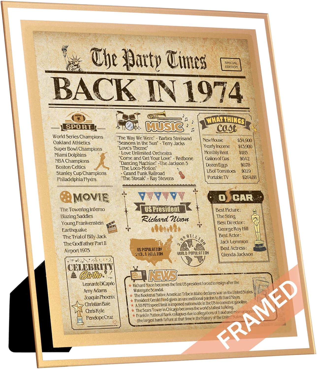 Wall Décor - FALAMON Framed 50th Birthday Card Gifts for Men Women, 8x10 Inch Happy Birthday Decorations Poster or Greeting Cards, 50 Years Old Birthday Party Supplies for Mom Dad Him Her, Back in 1974