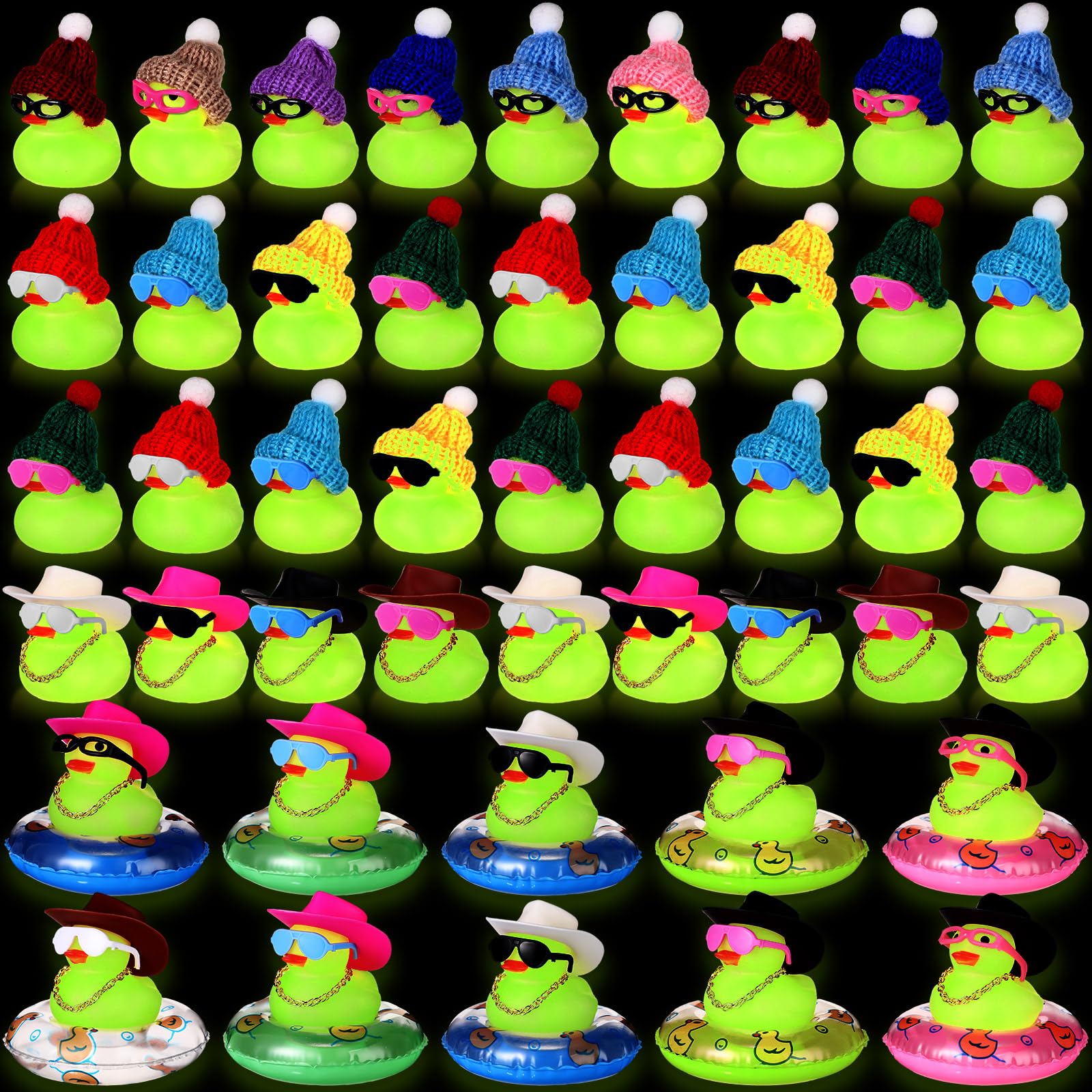 Photo 1 of Sratte 140 Pcs Glow in The Dark Rubber Ducks Summer Mini Luminous Light Up Bulk Fluorescent Bath Toy Assorted Duck Sunglasses Necklace Swim Circle Hat for Baby Shower Party Gift