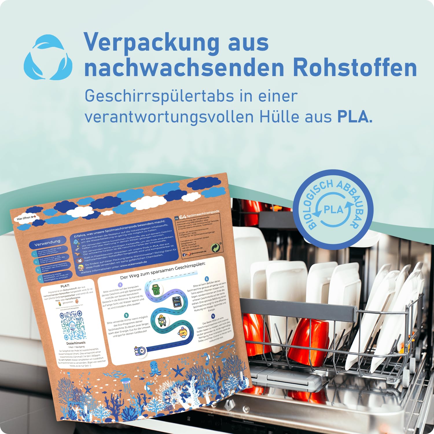 OceanWash Spülmaschinenpods ohne Plastik, Farb- und Duftstoffe, biologisch abbaubare Geschirr-Spültabs ohne Parfum, vegane Tabs für Geschirrspüler, verpackt in PLA 6