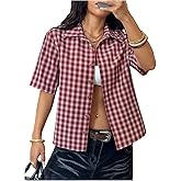 WDIRARA Y2k Plaid Print Collared Button Shirt Vintage Gingham Short Sleeve Crop Blouses Preppy Clothes