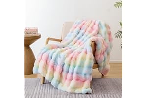 Smoofy Faux Fur Blanket Rabbit Fleece - Rainbow Fluffy Blanket for Sofa, Cozy Soft Plush Throw Blanket for Couch Bed, Luxury Thick Fuzzy Couch Blanket for Winter, Comfy Bubble Blanket - 50" x 60"