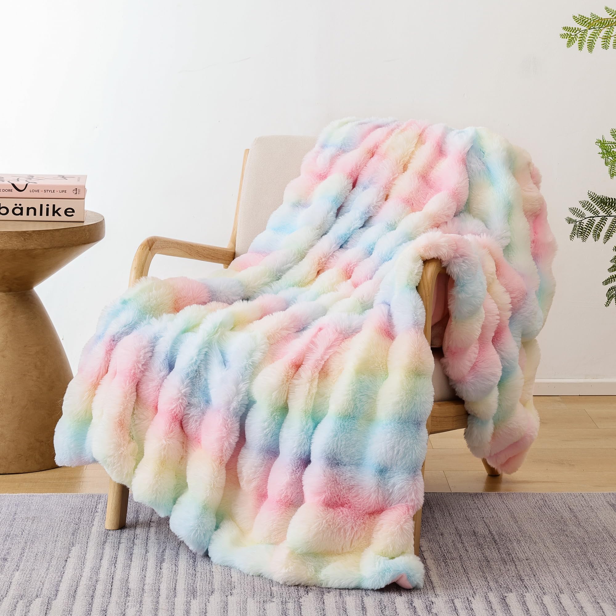 Photo 1 of Smoofy Faux Fur Throw Blanket for Couch Rabbit Fleece - Rainbow Fluffy Blanket for Sofa Bedroom Living Room, Cozy Soft Plush Luxury Thick Winter Fuzzy Comfy Bubble Blanket - 60" x 80"