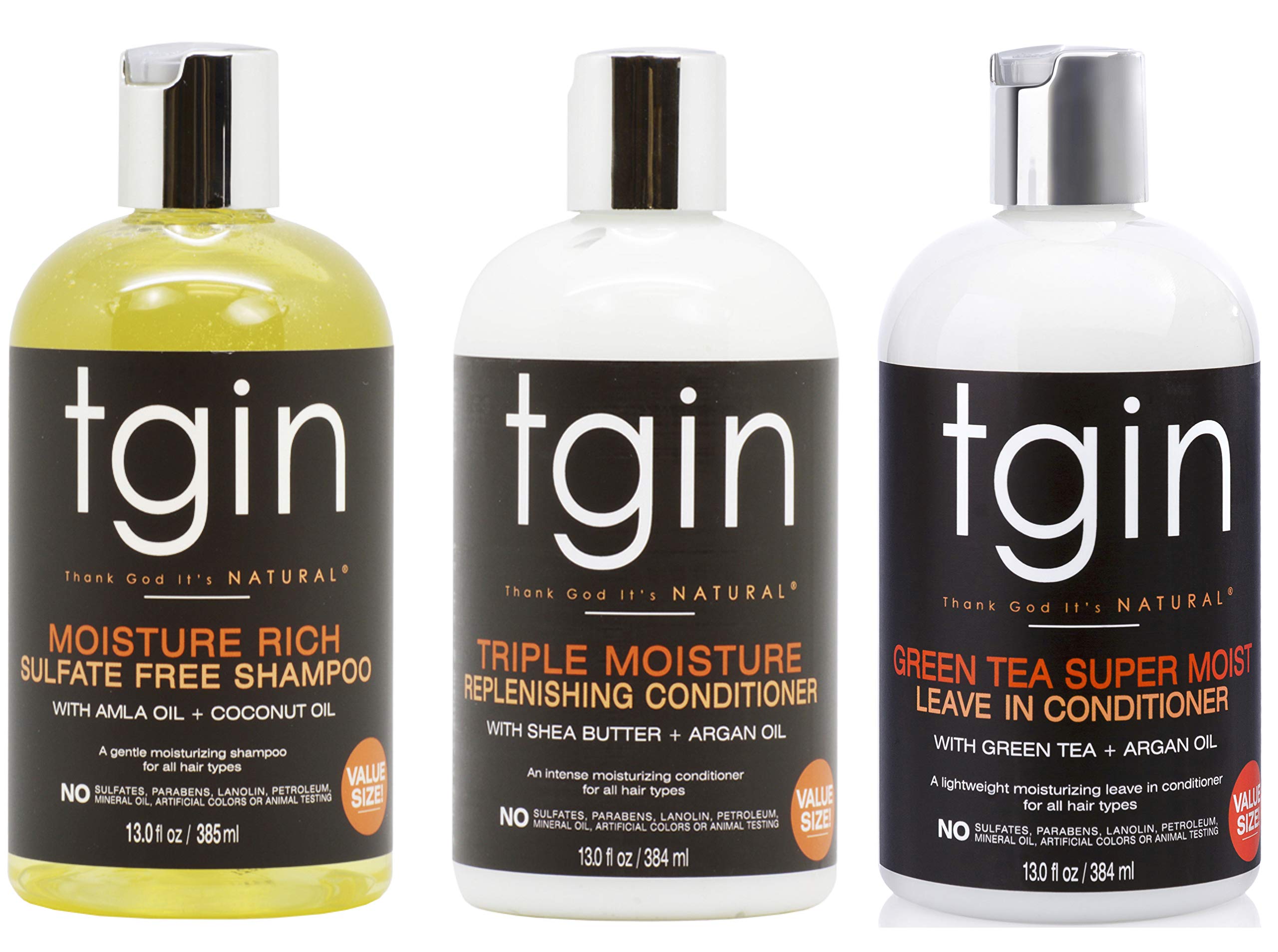 tgin Moisture Rich Sulfate Free Shampoo, Triple Moisture Replenishing Conditioner & Green Tea Super Moist Leave-in Conditioner Set - Moisturizing, Detangle
