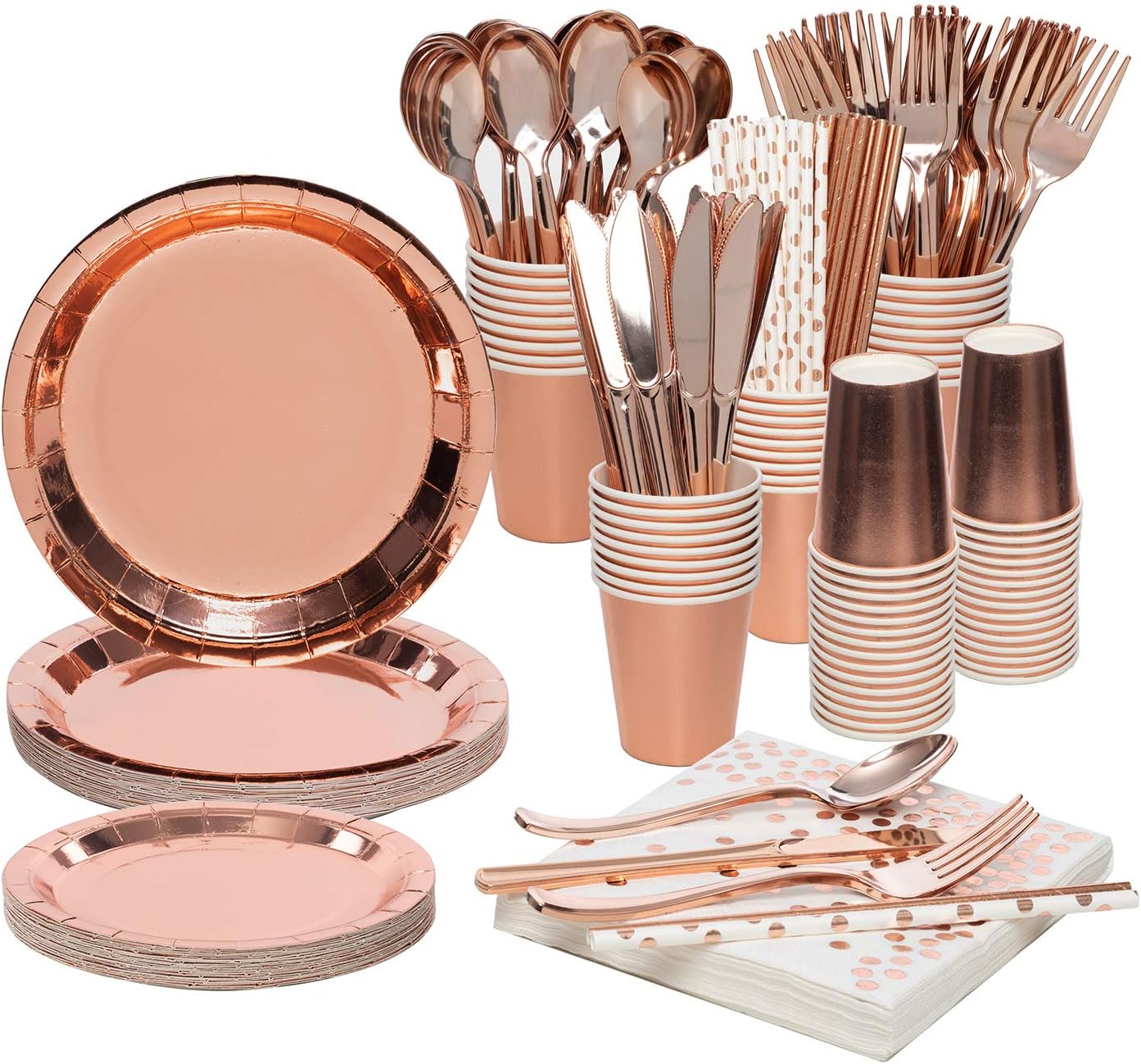Rorchio Rose Gold Party Tableware Dinnerware Set, Disposable Paper Plates and Cups, Paper Straws and Napkins, Plastic Cutlery for Rose Gold Birthday Wedding Party Supplies