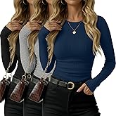 Oakgarden 3 Pack Women's Ribbed Long Sleeve Shirts Cotton Crew Neck Ribbed Tops Ruched Slim Fit Undershirts Casual Basic Tee
