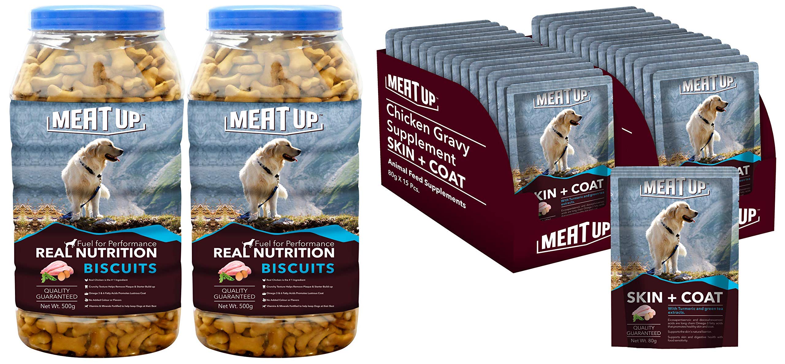 Meat Up Chicken Flavour Real Chicken Biscuit, Dog Treats -500g Jar  BOGO) and Chicken Gravy Supplement, Skin+Coat- 80g, Pack of 15 BOGO)