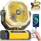 Orteen Rechargeable 9-Inch Portable Table Fan, 20000mAh Battery Powered Camping Fan with Auto Oscillation, Remote Control, LED Light, Hook - 20000mAh-Yellow