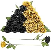 Ovveroche 24 Pcs Black,Glod Rose Artificial Flowers with Long Stem | Real Touch Silk Roses Bulk for Wedding, Party, Table Centerpieces Bouquet, Bridal, Home Decor