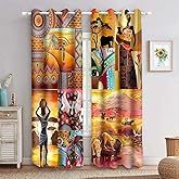MIZSYE African Woman Labor Ethnic Style Curtains - Modern Art Patchwork Window Drapes With Savannah Lion Elephant - Bedroom Living Room Window Treatments 52x84inch CLDWMS0254