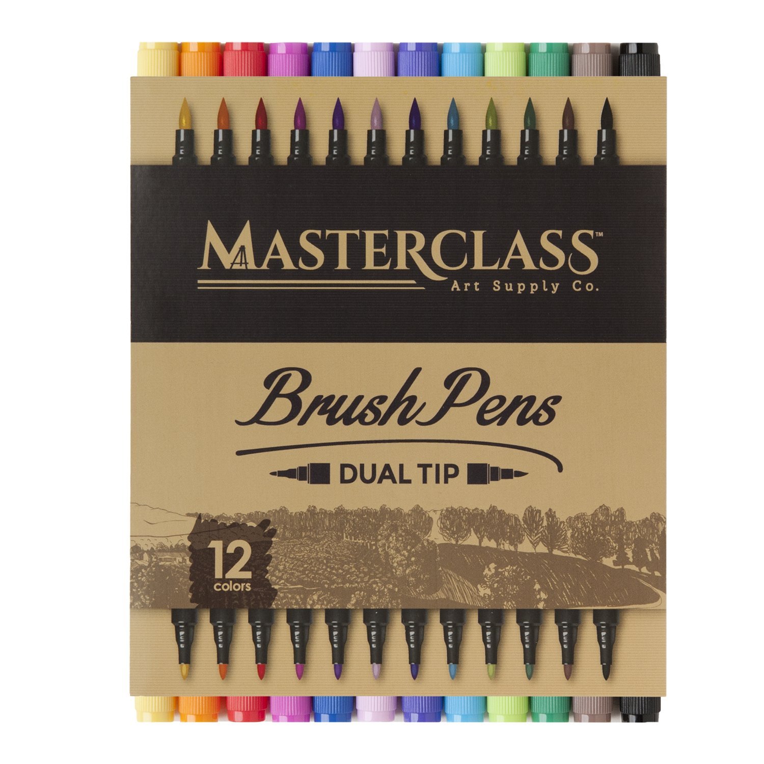 Masterclass Premium Dual Tip Brush Markers, 12 Color, NonToxic Water