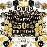 YTHETM 50th Birthday Decorations for Men Women, 46 Pcs Black Gold Happy 50 Year Old Party Supplies 1976 Birthday Gifts Banner Backdrop Balloon Cake Topper Honeycomb Centerpiece Hanging Swirls Set