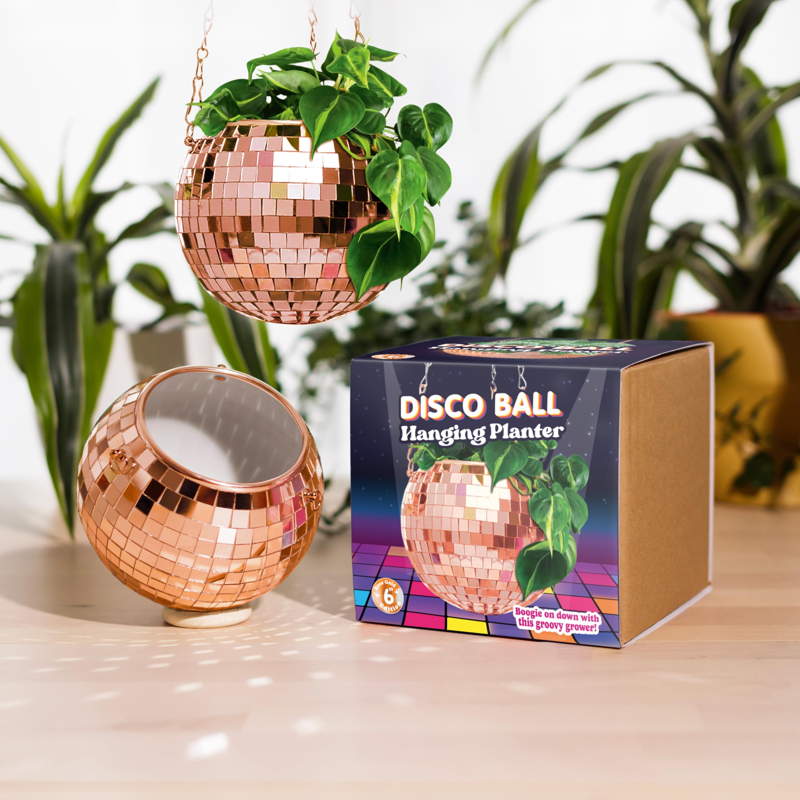 Photo 1 of Bubblegum Stuff - Rose Gold Disco Ball Hanging Planter - Hanging Basket for Indoor Plants, Rose Gold Chain, Rose Gold Rim, Herb Planter, Hanging Plant - Hanging Plant Pots - Room Decor 6 inch