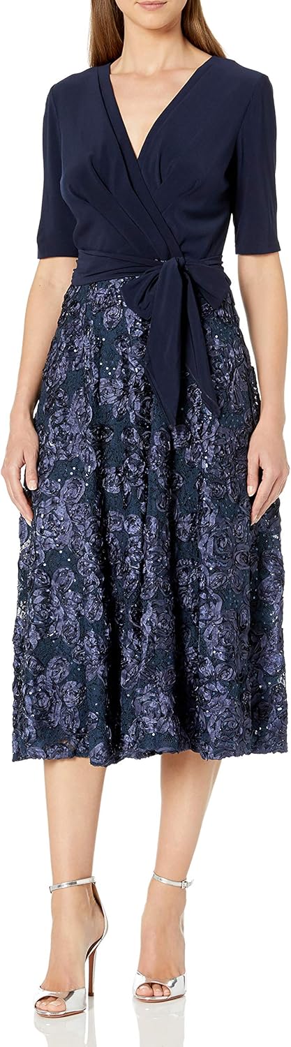 Alex Evenings Women's Tea Length Dress with Rosette Detail: Clothing