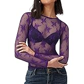 AKEWEI Womens Mesh Long Sleeve Tops Crew Neck Sexy See Through Tee Shirts Party Club Night Lace Blouse