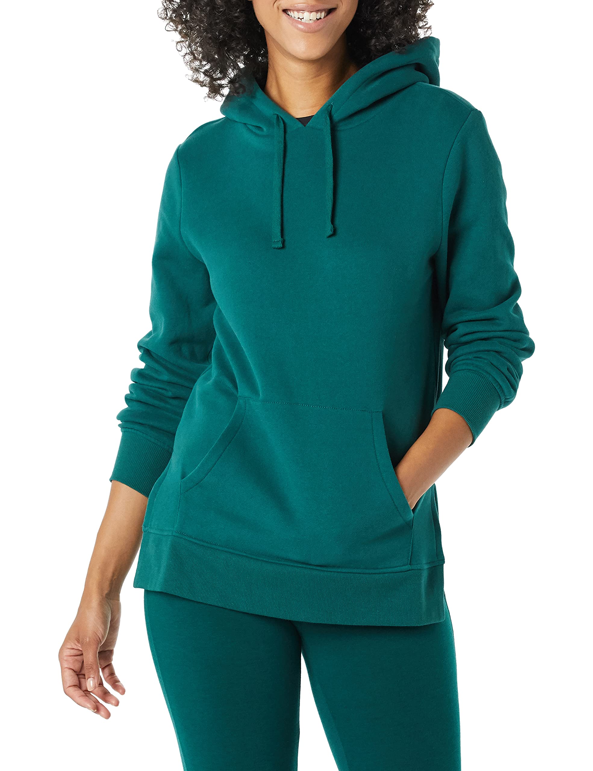 Photo 1 of **RED**Amazon Essentials Women's Fleece Hooded Tunic Sweatshirt, Dark Green, Large