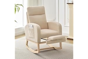 Attracoast Nursery Rocking Chair with Adjustable Footrest, Glider Chair with Two Side Pockets,Teddy Fabric, Solid Wooden Legs, Comfy Lounge Armchair with High Backrest for Living Room, Bedroom,Beige