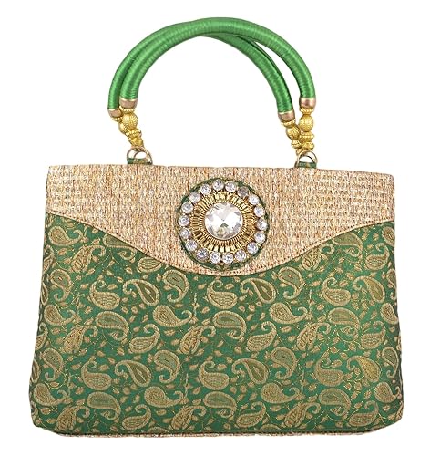 Freddys Green Coloured Silk Ethnic Handbag With Stone Work