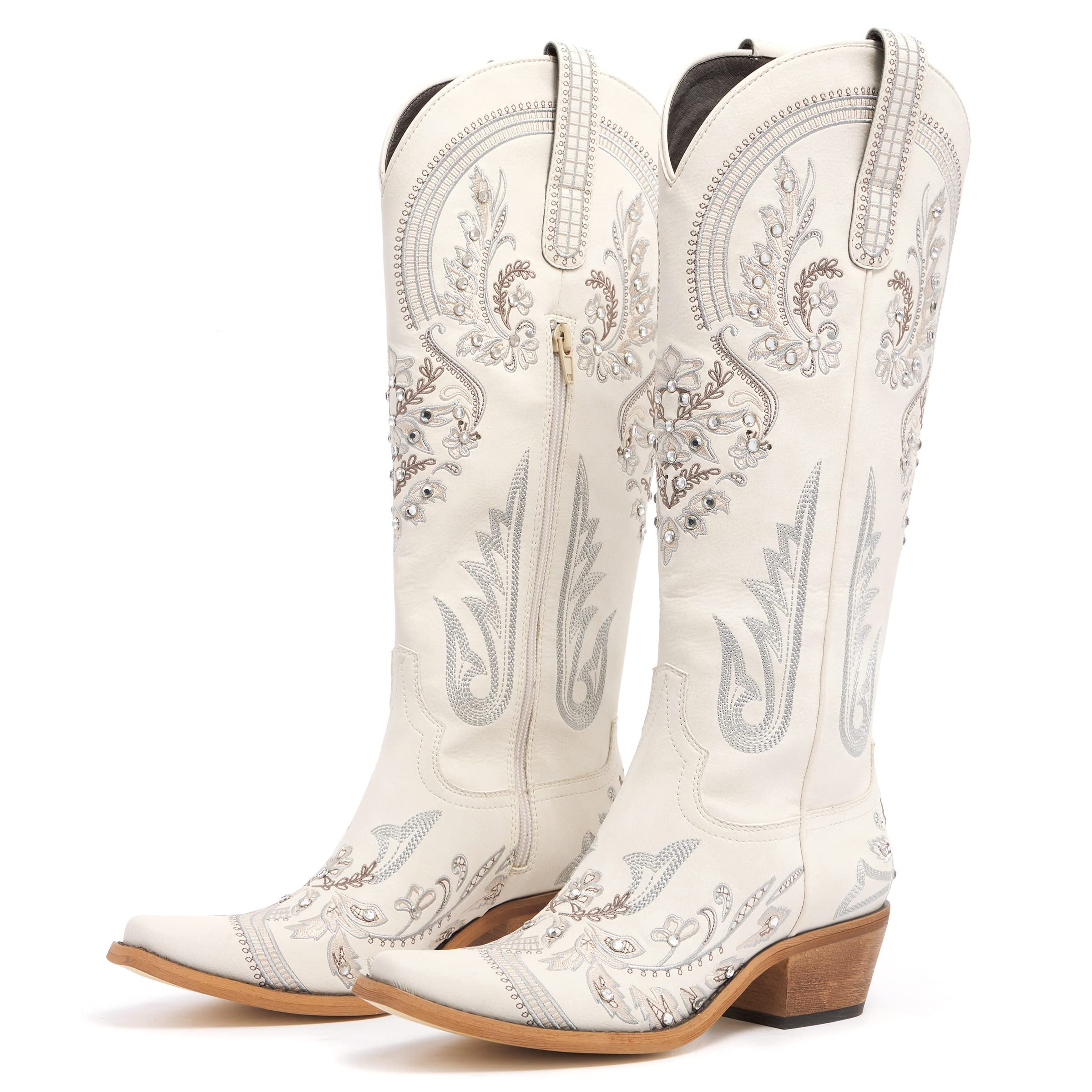 Western Cowboy Boots for Women Embroidered Rhinestones Knee High Cowgirl Boots Pointed Toe Chunky Heel Fashion Retro Classic Tall Boot