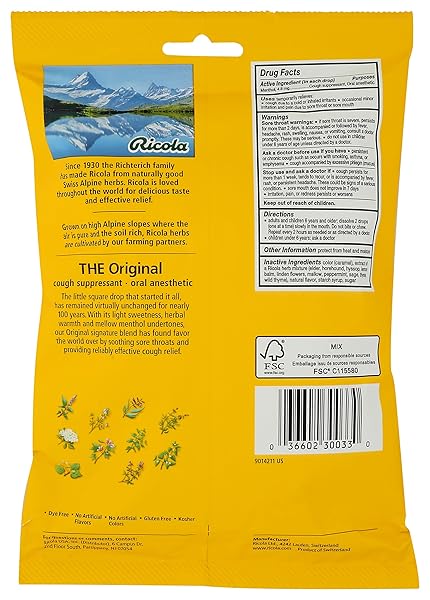 RICOLA ORIGINAL HERB COUGH DROPS, 45 COUNT, COUGH SUPPRESSANT & THROAT RELIEVING DROPS WITH NATURALLY SOURCED MENTHOL, PLEASING HERBAL TASTE FOR COUGHS & THROAT IRRITATION SYMPTOM RELIEF