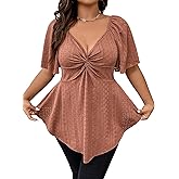 OYOANGLE Women's Plus Size Twist Front Short Sleeve Sweetheart Neck Asymmetrical Hem Blouses Solid Peplum Tops