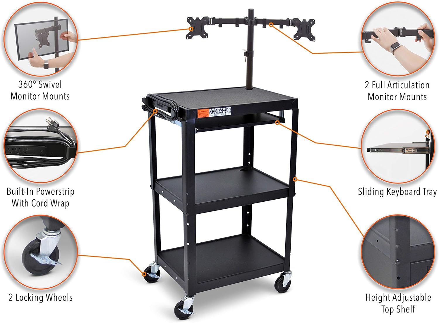 Line Leader AV Cart with Keyboard Tray and Dual Monitor Mount - Mobile Workstation/Presentation Cart with Monitor Arm - Take Your Office On-The-Go with Our Stand Up Computer Cart (Black / 24 x 18) : Office Products