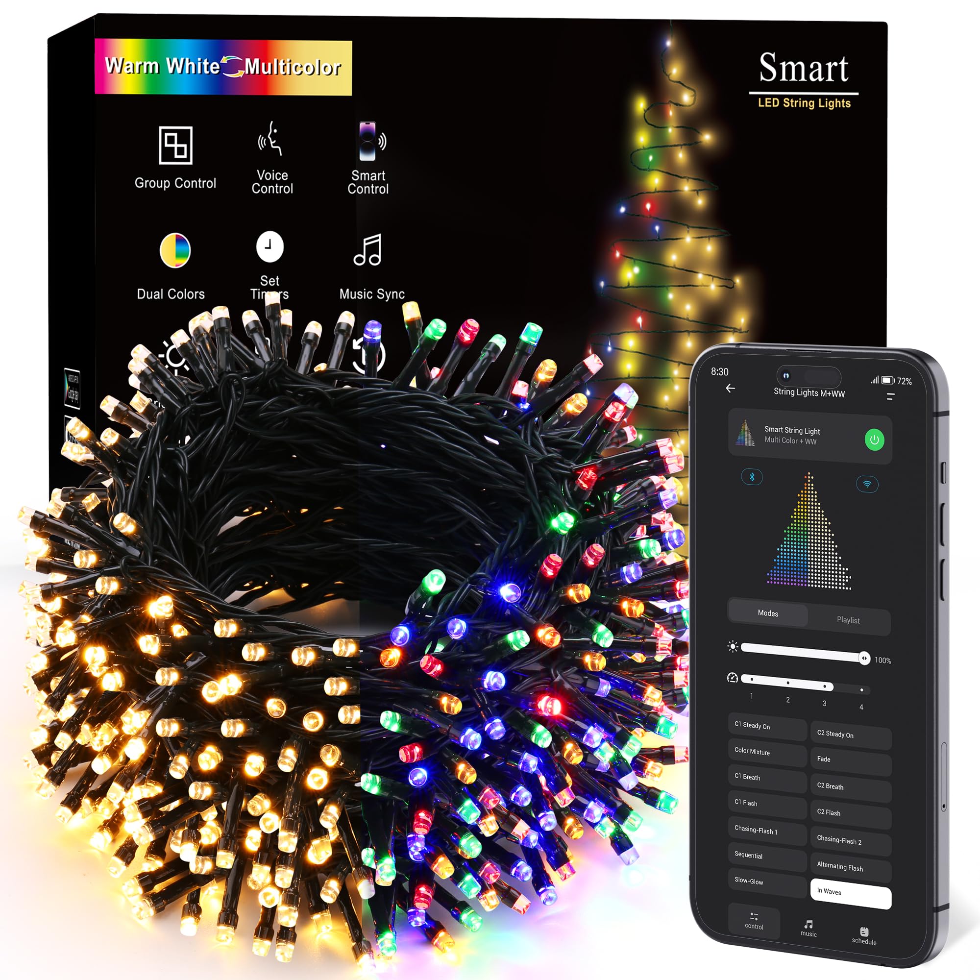 Photo 1 of Brizled Smart Christmas Lights, 98.4FT 300 LED Color Changing Christmas Lights with APP/Voice Control, Warm White & Multicolor Fairy String Light Music Sync Xmas Tree Light for Indoor Outdoor Decor