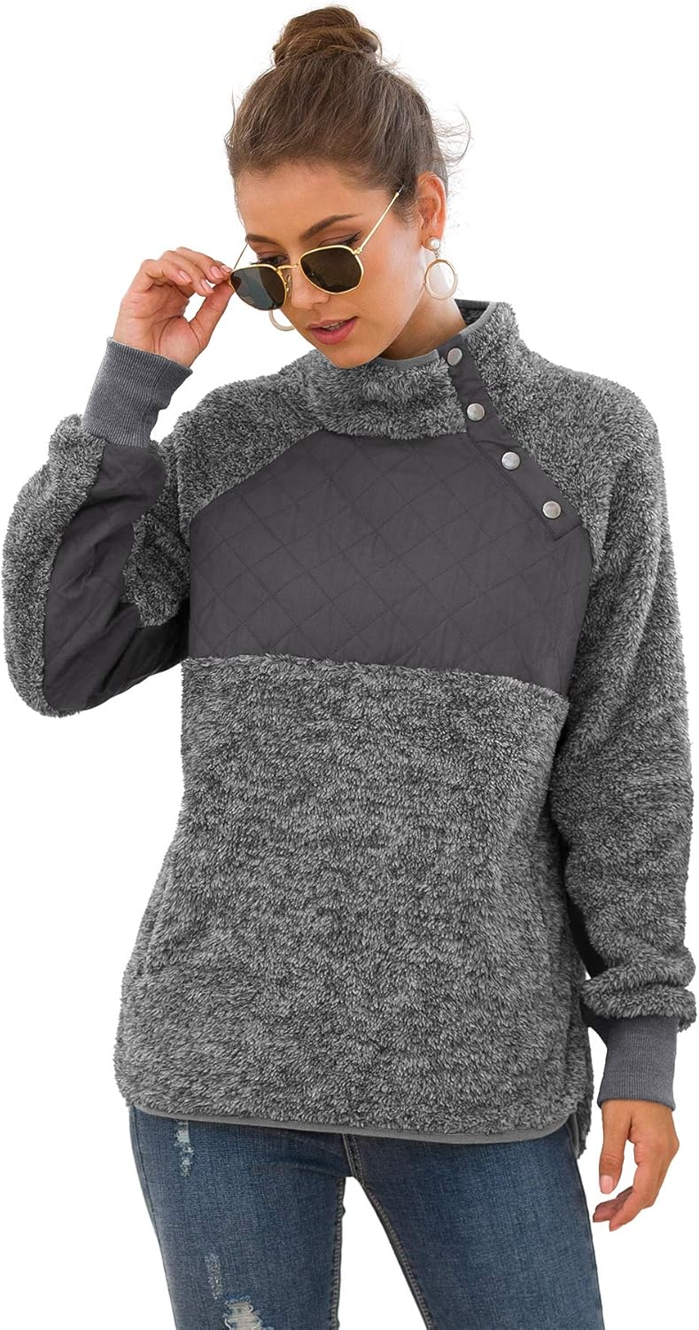 VIISHOW Women's Long Sleeves Quilt Coat Turtleneck Oblique Button Neck Fleece Pullover Coat Sweatshirts Outwear with Pocket at  Women’s Clothing store