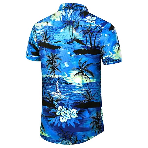 EUOW MEN’S HAWAIIAN SHIRT SHORT SLEEVES PRINTED BUTTON DOWN SUMMER BEACH DRESS SHIRTS (CYAN BLUE, L)