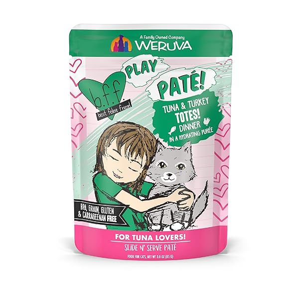 WERUVA B.F.F. PLAY – BEST FELINE FRIEND PATÉ LOVERS, AW YEAH!, TUNA & TURKEY TOTES! WITH TUNA & TURKEY, 3OZ POUCH (PACK OF 12)