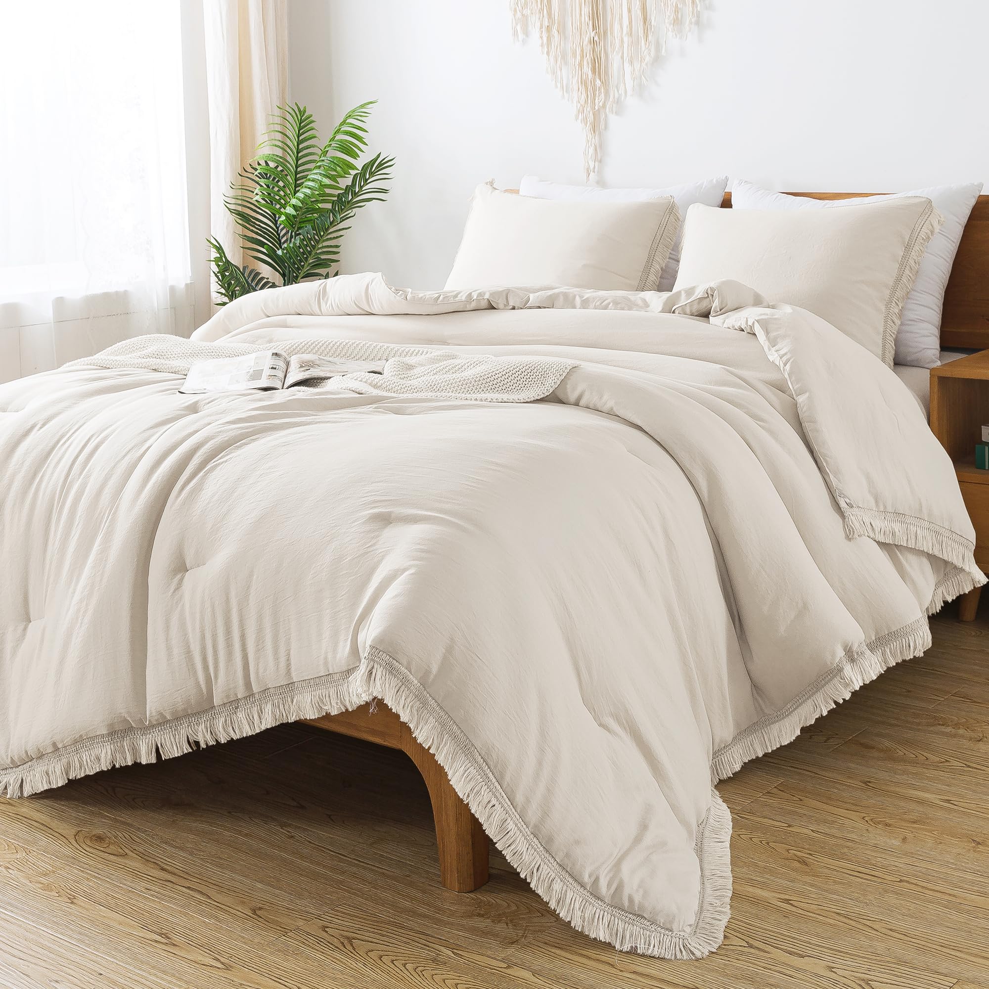 Photo 1 of Andency Comforter Full Size Set Beige, 3 Pieces Boho Tassel Lightweight Bedding Full, Soft All Season Fluffy Bed Set Gift Choice (79x90In Comforter & 2 Pillowcases)
