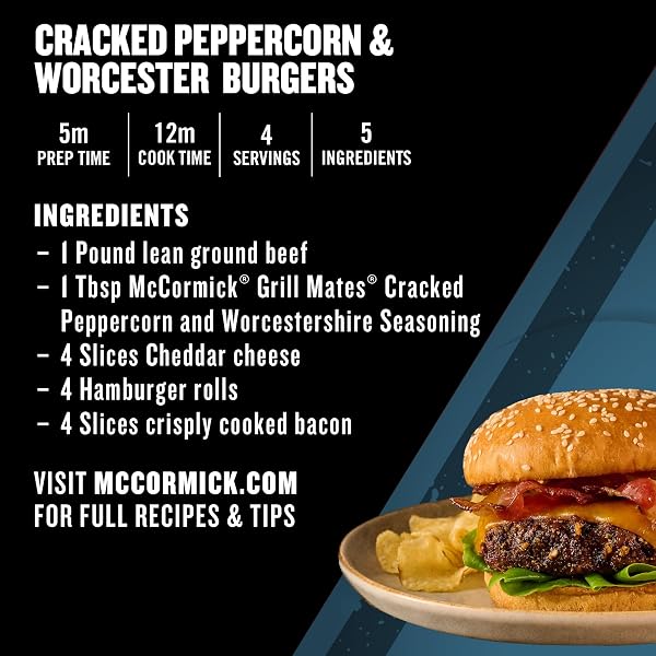 MCCORMICK GRILL MATES SEASONING, CRACKED PEPPERCORN & WORCESTERSHIRE, BOLD & SAVORY FLAVOR FOR STEAK, CHICKEN AND VEGETABLES, PERFECT FOR GRILLING, ROASTING, AIR-FRYING, COOKOUTS, AND WEEKNIGHT MEALS, 2.75 OZ