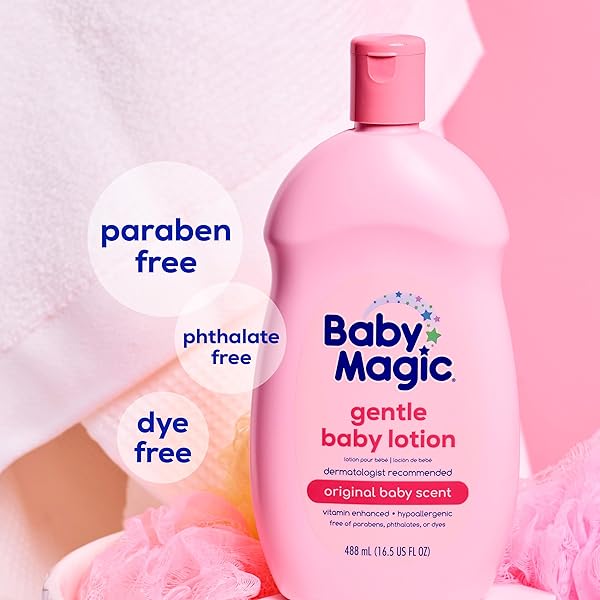 BABY MAGIC GENTLE BABY LOTION, VITAMINS & ALOE, FREE OF PARABENS, PHTHALATES, SULFATES AND DYES, CAMELLIA OIL & MARSHMALLOW ROOT ORIGINAL SCENT, 16.5 FL OZ