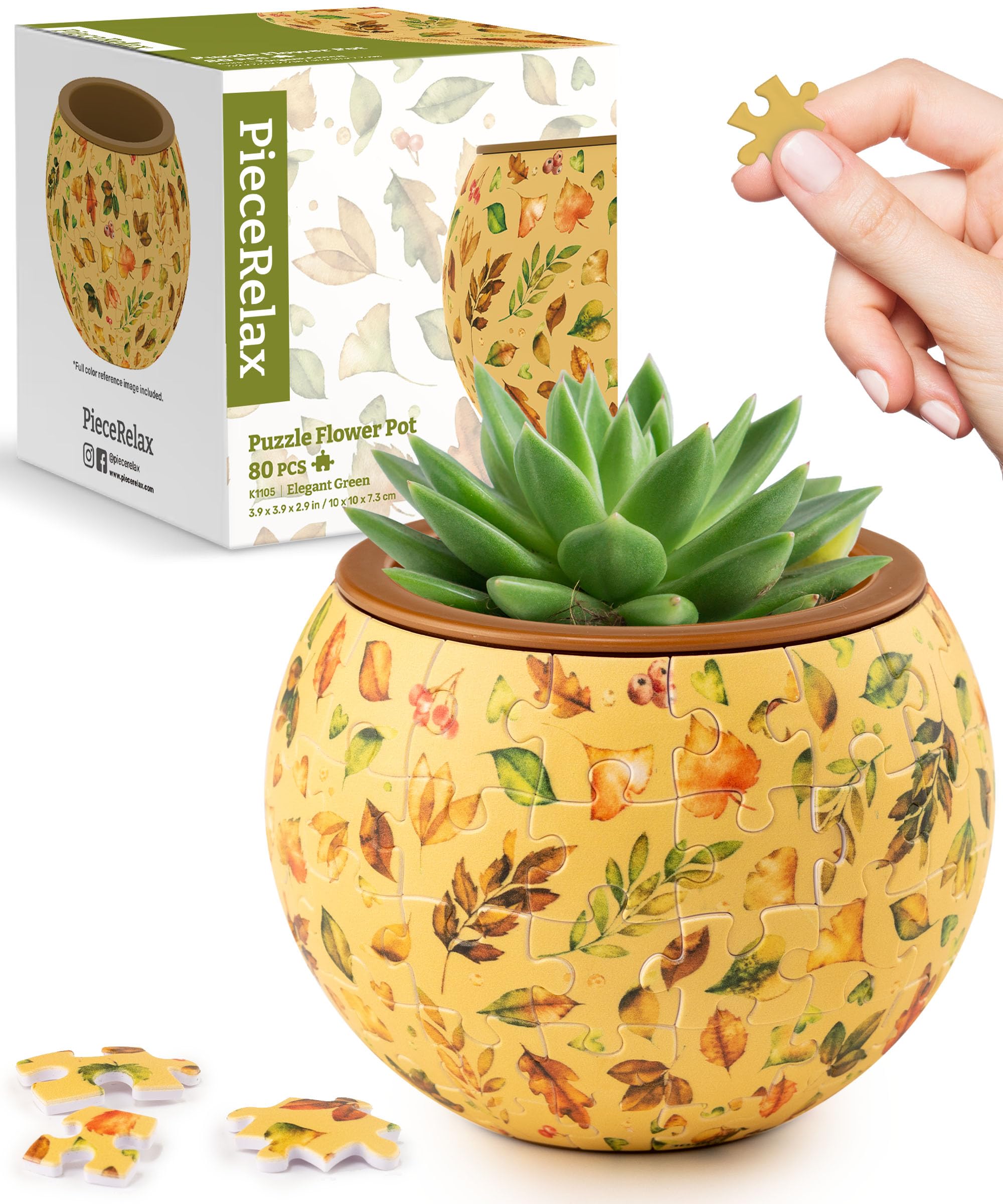 PieceRelax 3D Puzzle Planter - Elegant Green - Small Round Plant Pots with Drainage, Home Decor Flower Pots for Indoor Cactus, Succulents Pots [K1105] — image 1