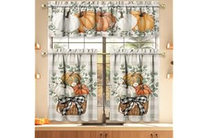 XSINUFN Fall Thanksgiving Pumpkin Kitchen Curtains Valances and Tiers 3 Piece Set,Eucalyptus Buffalo Plaid Rod Pocket Kitchen Curtain over Sink Window,Farmhouse Cafe Curtains for Autumn Decor 36 Inch (Orange)