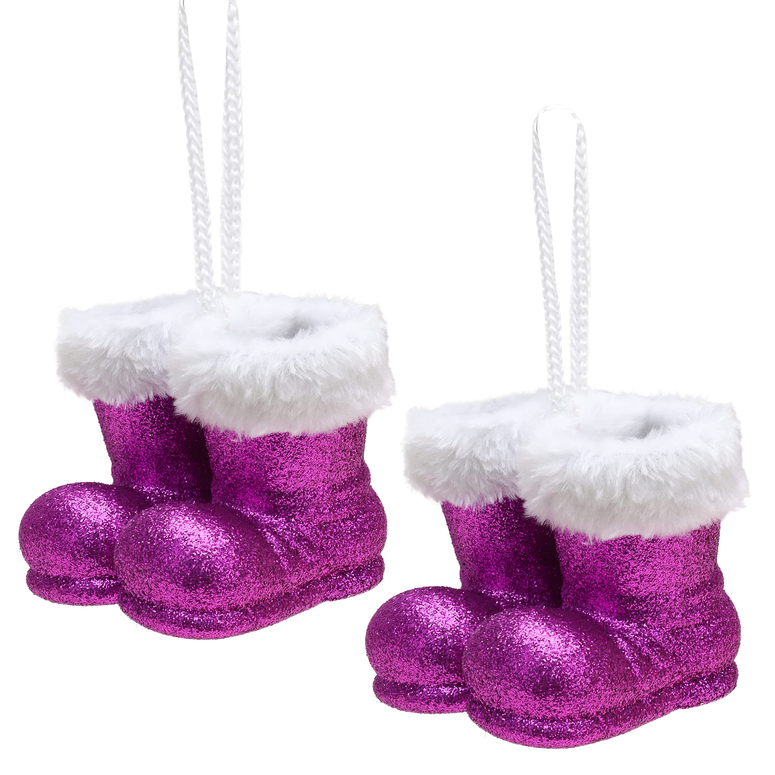 Christmas Concepts® Pack of 2–100mm (4") Glitter Hanging Santa Boots With White Fur Trim – Christmas Tree Trims/Baubles (Purple)