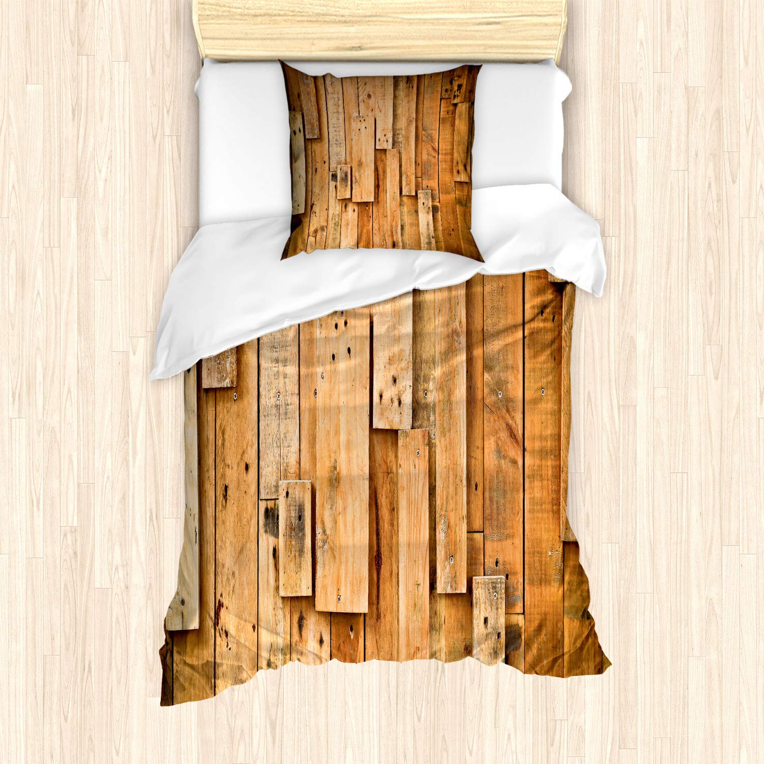 ABAKUHAUS Wooden Duvet Cover Set, Lodge Style Hardwood Planks Image Print Farmhouse Grunge Design, Bedding Set 2 Pieces with 1 Pillow Shams, 135 cm x 200 cm, Brown — image 1