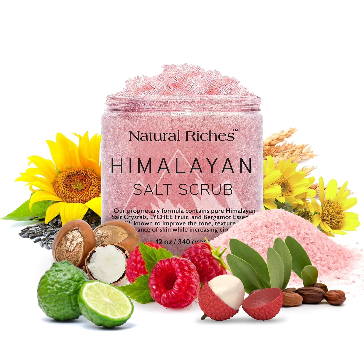 Natural Riches Himalayan Salt Body Scrub - (12 Oz / 340 gm) - Deep Cleansing Exfoliator, All-Natural exfoliate with Vitamin C, Bergamot and Lychee Essential Oils : Beauty