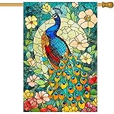 BlissYard Peacock House Flag 28x40 Inch Double Sided Garden Flag with Colorful Stained Glass Bird and Floral Design for Yard Porch Outdoor Decor Spring Summer Vertical Banner Decorative Art