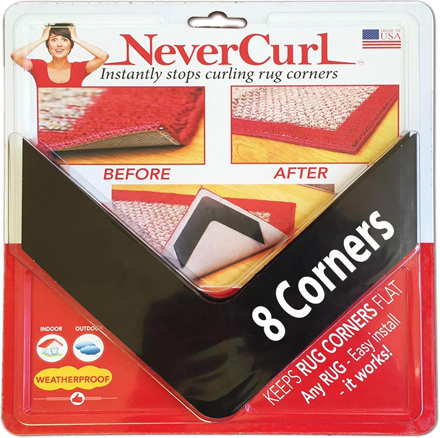 Rugs, Pads & Protectors - NeverCurl Best V Shape Design Rug Corner Gripper to Instantly Stops Rug Corner Curling - Safe for Wood Floors - For Indoor & Outdoor Rugs - Carpet Tape / Rug Tape - Not An Anti-Slip Pad - Rug Grip
